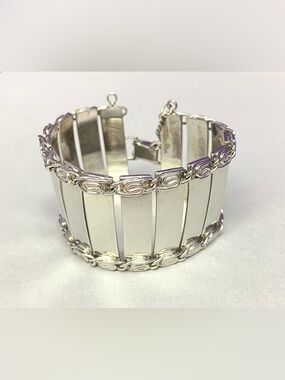 Vintage Silver Tone Metal Wide Panel Bracelet